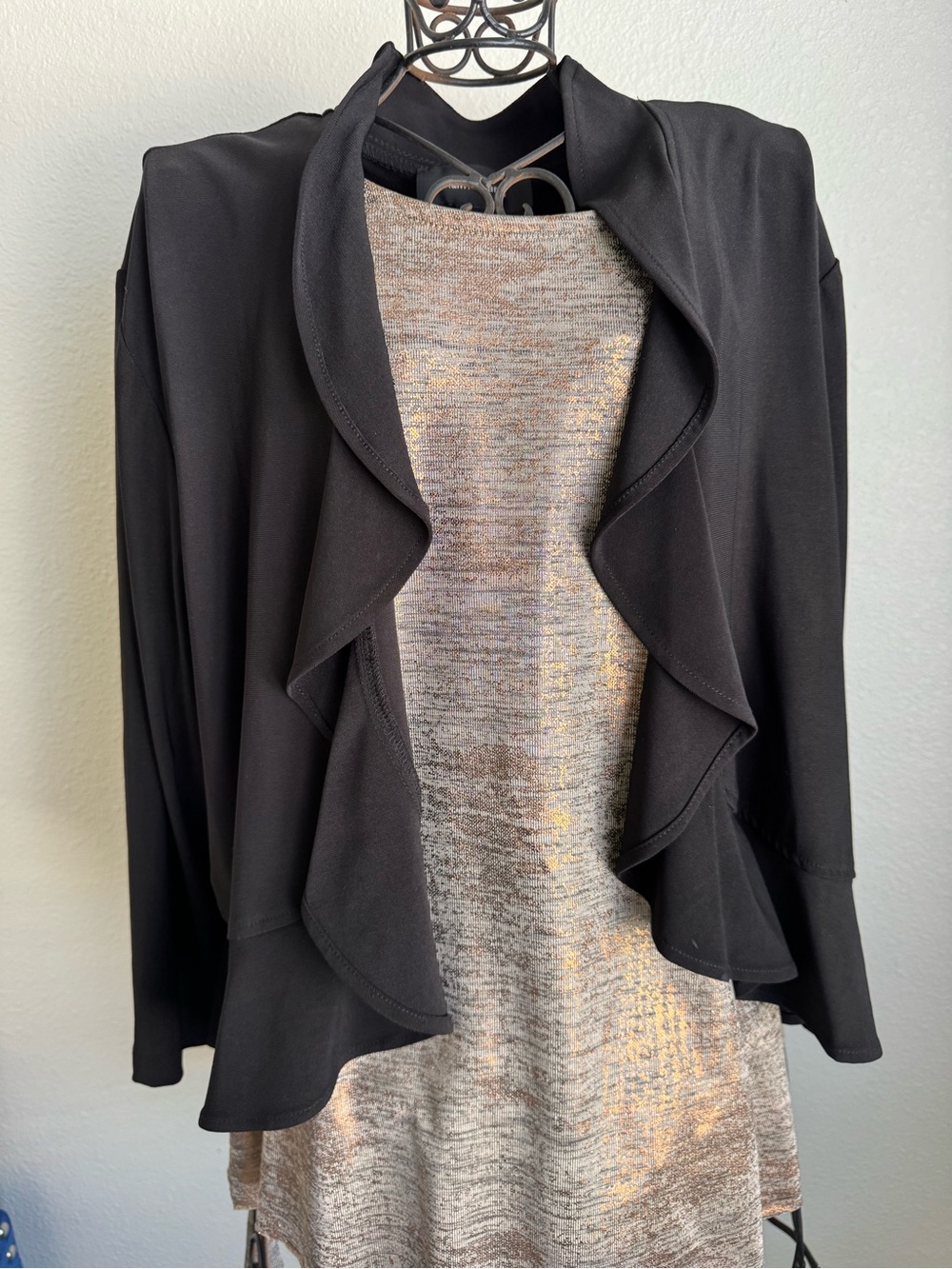 R&M Richards Black Ruffle Open-Front Cardigan